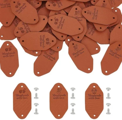 48 juegos de etiquetas de cuero PU de 3 estilos con remaches de hierro, 1,9x1 pulgadas, hechas a mano con etiqueta en relieve de amor, kit de fabricación de imitación ovalada de Chocolate