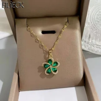 EILIECK-collar con colgante de flor de circón cúbico verde para mujer, de acero inoxidable 316L, cadena para el cuello con temperamento de lujo, joyería de moda