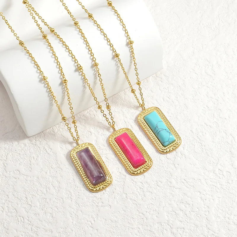 Collar de acero inoxidable con piedra Natural turquesa para mujer, colgante Rectangular Simple de piedras preciosas, tres colores, regalos para novia, nuevo