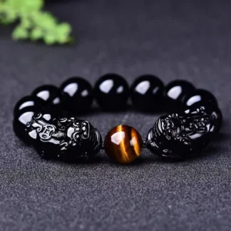 Piedra rugosa, todo obsidiana negra, espalda doble Pixiu, ojo de tigre, adorno de pulsera del año de nacimiento de pareja para hombres y mujeres