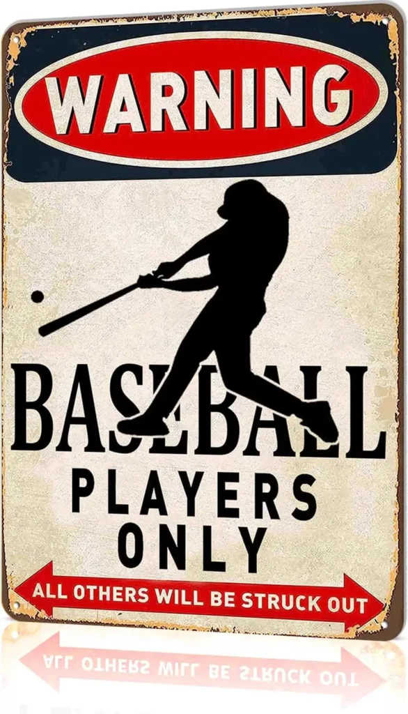Regalos de béisbol para niños, cartel de advertencia solo para jugadores de béisbol, decoración de habitación de niños para dormitorio, señal de lata de 8x22 pulgadas