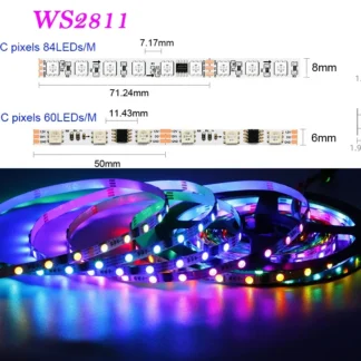 Tira de luces LED WS2811 direccionable de lado estrecho, 12V, 24V, 5m, 60/84leds/m, 5050 píxeles RGB, cinta de luz flexible, IC externo, 6mm/8mm, PCB IP30