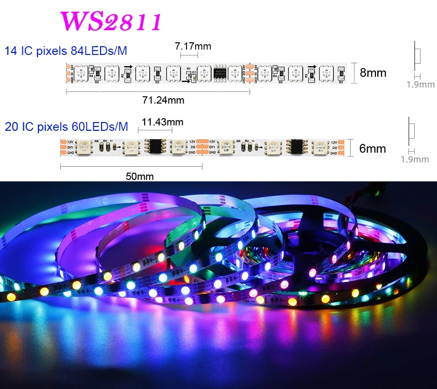 Tira de luces LED WS2811 direccionable de lado estrecho, 12V, 24V, 5m, 60/84leds/m, 5050 píxeles RGB, cinta de luz flexible, IC externo, 6mm/8mm, PCB IP30