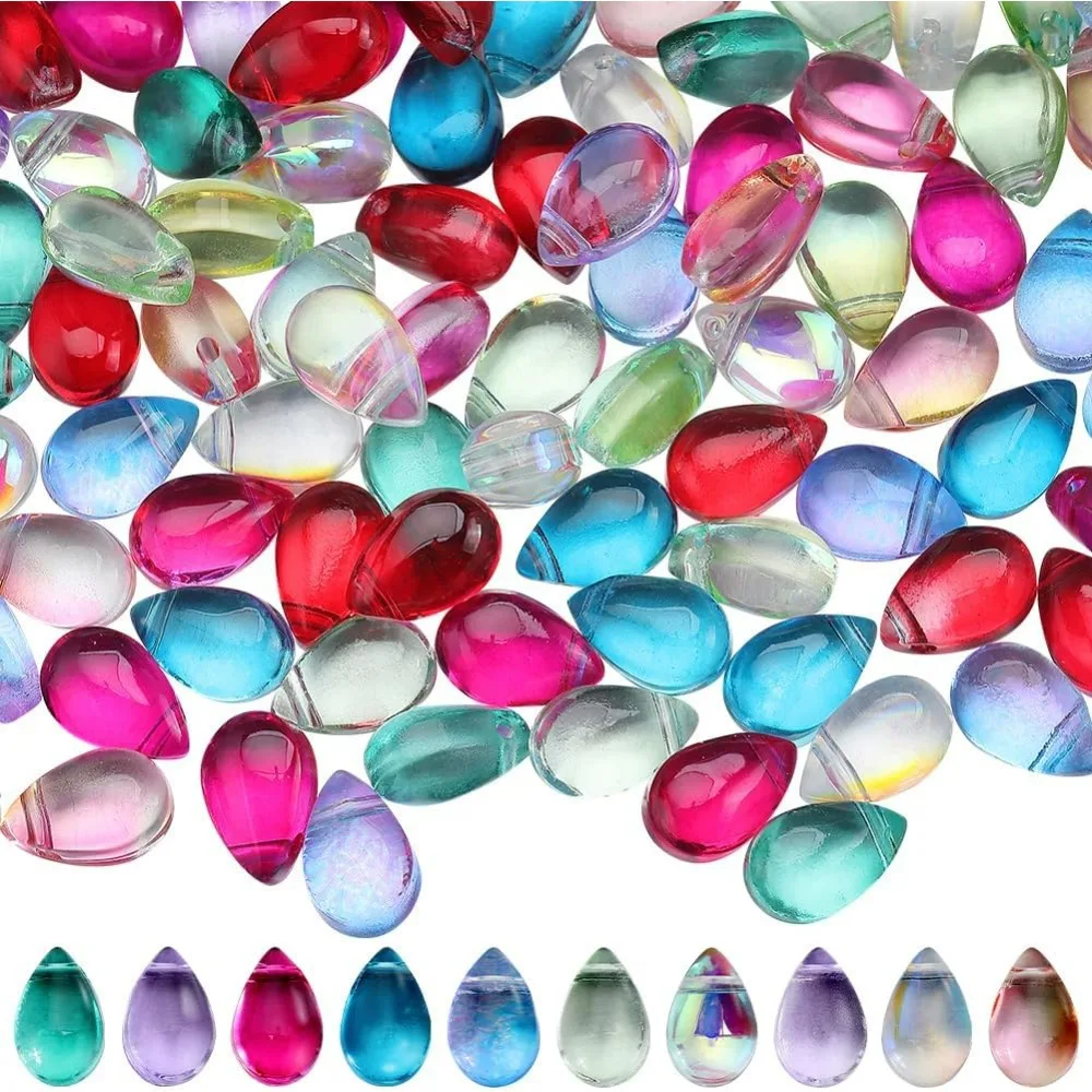 1 caja, 150 Uds., 10 colores, cuentas de gota de agua de vidrio, cuentas en forma de lágrima, cuentas espaciadoras sueltas de cristal ovaladas con forma de gota de agua transparente colorida