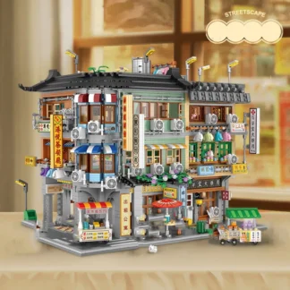 Mini casa de bloques creativa, paisaje urbano, farmacia, construcción comercial, juguete de ladrillo, colección de figuras con vista a la calle de ciudad de Hong Kong de China