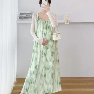 Conjunto de vestido largo estampado para mujer embarazada, falda de maternidad sin mangas, cuello redondo, traje de maternidad de 2 piezas, LE956, verano, 2023