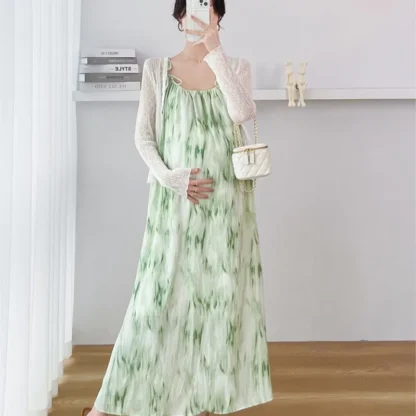 Conjunto de vestido largo estampado para mujer embarazada, falda de maternidad sin mangas, cuello redondo, traje de maternidad de 2 piezas, LE956, verano, 2023
