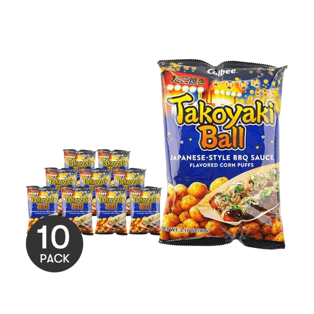 Bolas CALBEE Takoyaki, aperitivos crujientes de mariscos, 3,17 oz x 10 paquetes, 10 paquetes