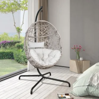 Silla colgante de huevo de mimbre para patio, hamaca de ratán para exteriores, columpio con soporte y cojín para dormitorio, balcón y jardín, color beige