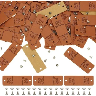 48 juegos de etiquetas de cuero PU, etiquetas de cuero hechas a mano con patrón de mano de 2,2x0,8 pulgadas para artículos de ganchillo, kit de fabricación rectangular de Color Chocolate
