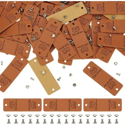 48 juegos de etiquetas de cuero PU, etiquetas de cuero hechas a mano con patrón de mano de 2,2x0,8 pulgadas para artículos de ganchillo, kit de fabricación rectangular de Color Chocolate
