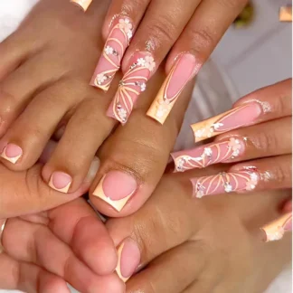 Uñas postizas con patrón de mariposa para dedos de los pies, conjunto de dos piezas, uñas postizas de estilo francés con bailarina, uñas de presión Simple, 48 piezas