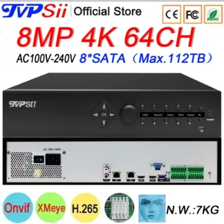 Grabadora de vídeo de vigilancia de Audio XMeye AC 100V-240V 8 * puerto SATA 8MP 4K 64CH 64 canales H.265 + detección facial IP Onvif CCTV NVR DVR