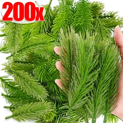 10/200 Uds agujas de pino artificiales ramas de plantas falsas hojas de pino verde DIY decoración de corona de árbol de Navidad regalo adorno de Navidad