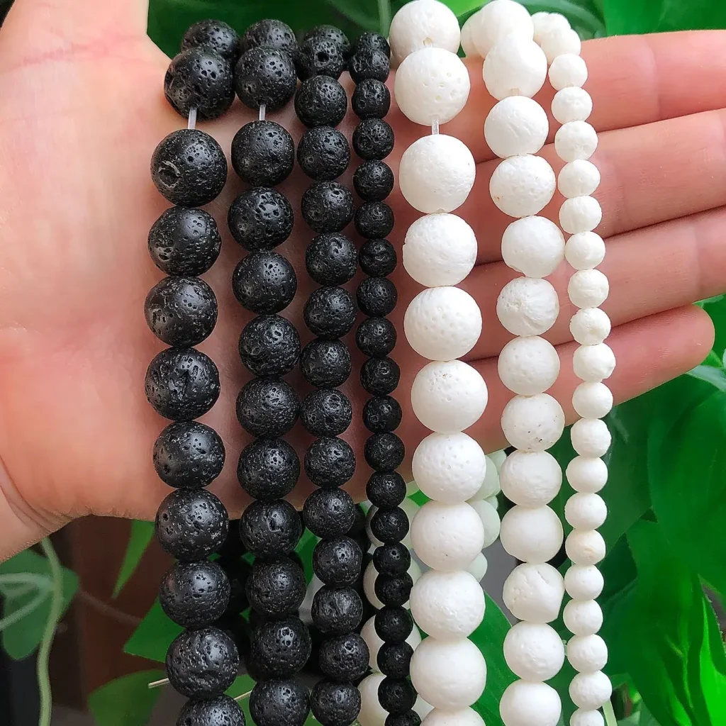 Cuentas de piedra de Lava volcánica negra Natural, esponja blanca, ágatas de Coral, espaciador redondo, cuentas sueltas para la fabricación de joyas, pulsera Diy, 4-12mm