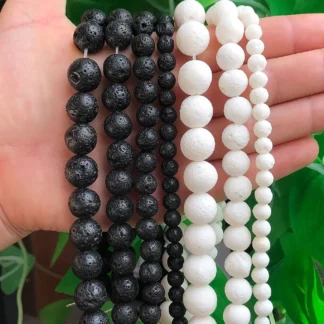 Cuentas de piedra de Lava volcánica negra Natural, esponja blanca, ágatas de Coral, espaciador redondo, cuentas sueltas para la fabricación de joyas, pulsera Diy, 4-12mm