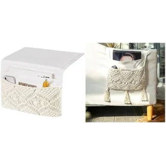 Mkono Macrame Mesita de noche Caddy Organizador de almacenamiento Boho Control remoto Tablet Portarrollos para el hogar Dormitorio Sala de estar College D