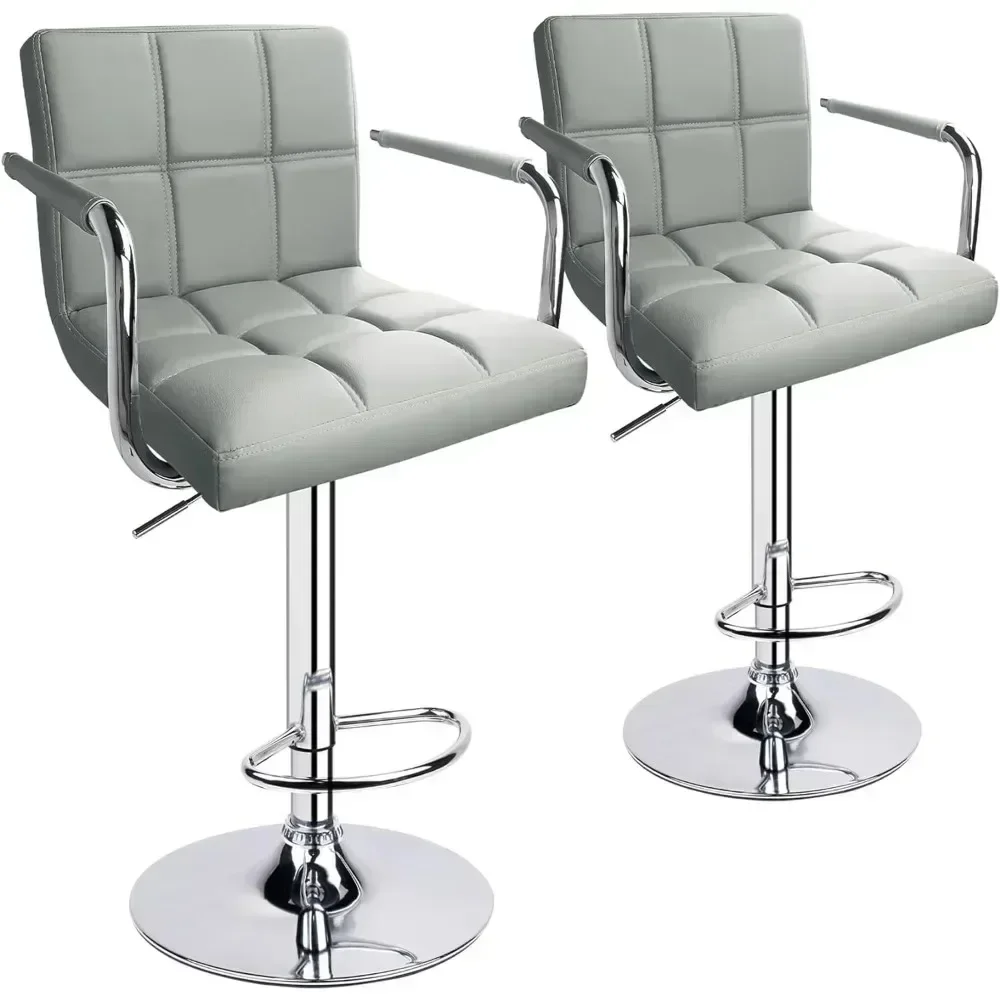 Taburetes de bar ajustables con reposabrazos, respaldo cuadrado giratorio de doble costura con taburete de bar trasero, juego de 2, adecuado para mostrador de bar