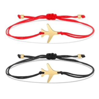 Pulsera de hilo negro de avión de acero inoxidable chapado en oro para mujer, Mini Avión de moda, cuerda roja de la suerte, regalos de joyería hechos a mano