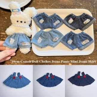 Ropa de muñeca de algodón de 10cm, pantalones vaqueros, Mini falda vaquera para muñecas de peluche de algodón de 10cm, accesorios de juguetes, ropa informal para muñeca Idol
