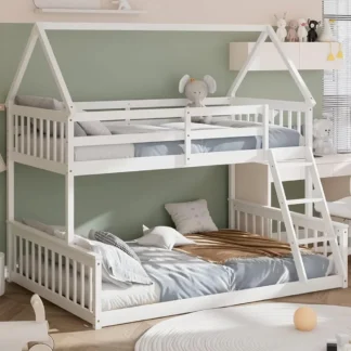 Litera, escalera empotrada, convertible a 2 camas, camas de suelo para niños, adolescentes y jóvenes, marco de cama de casa de madera maciza