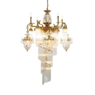 Lámpara colgante grande de latón con cera perdida clásica, 12 luces, candelabro de cristal soplado, candelabros de cristal en espiral en cascada