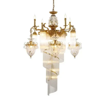 Lámpara colgante grande de latón con cera perdida clásica, 12 luces, candelabro de cristal soplado, candelabros de cristal en espiral en cascada