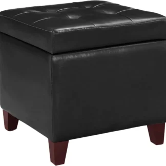 Taburete reposapiés de cubo cuadrado otomano de almacenamiento de piel sintética capitoné con tapa abatible (negro)