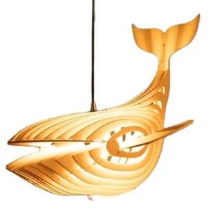 Luces colgantes huecas en forma de ballena de madera maciza japonesa, decoración de sala de estar, comedor, lámpara comercial, luces colgantes de madera