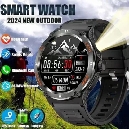 Nuevo reloj con linterna para GPS NFC, reloj inteligente para hombres, pantalla AMOLED, frecuencia cardíaca, llamada Bluetooth IP68, reloj impermeable para hombre, 500mAh