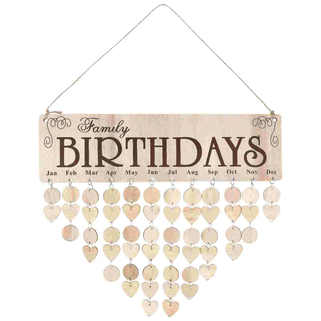Calendario de cumpleaños de madera, 50 discos, colgantes de forma redonda de corazón, tablero de recordatorio, decoración de pared, regalo perfecto para familiares y amigos
