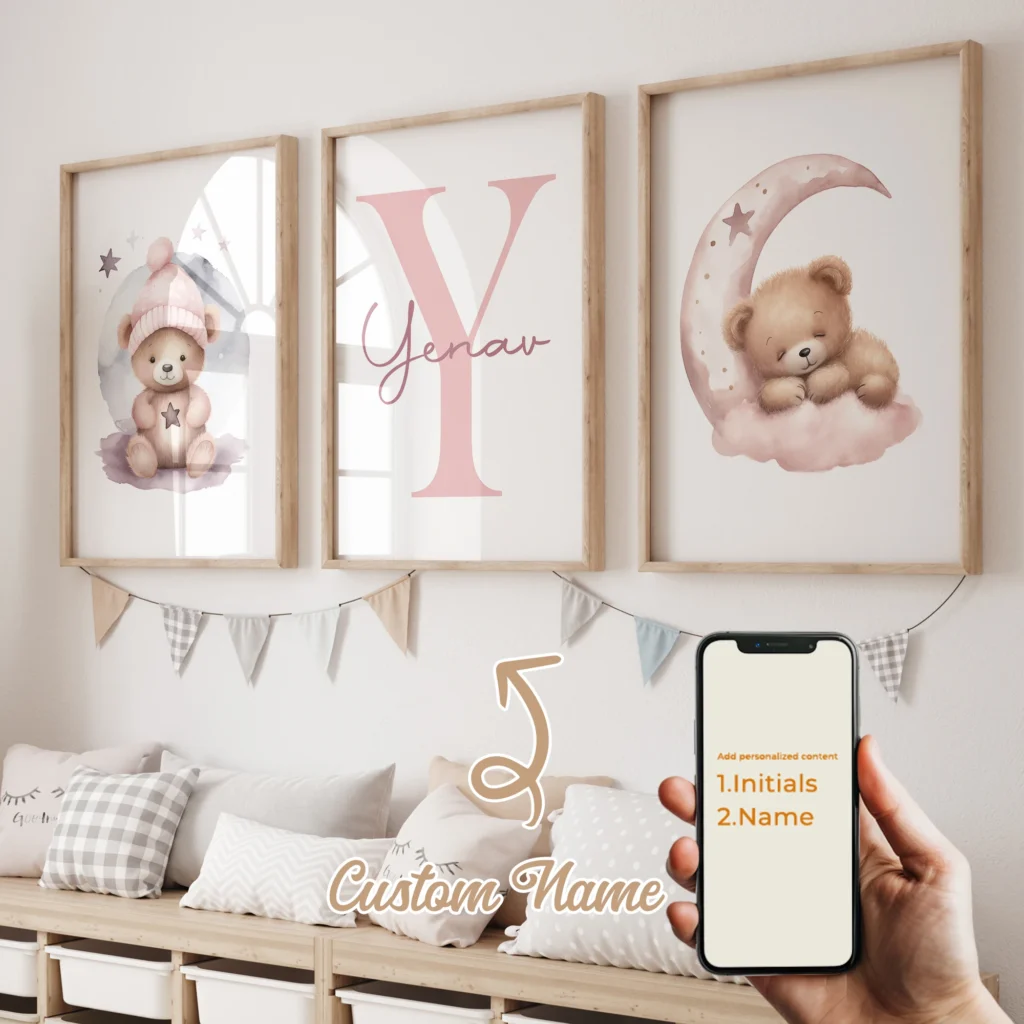 Oso durmiente rosa con nombre personalizado para niños, regalo para bebé, arte de pared para niñas, imagen impresa, decoración del hogar para sala de estar y habitación de niños, 3 uds.