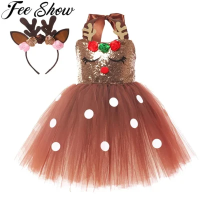 Disfraces de ciervo con lentejuelas marrones para niñas, vestidos de princesa de Navidad, traje de Cosplay de Reno para niños, ropa de Año Nuevo, regalo de Navidad