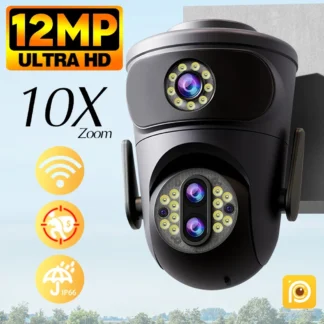 Cámara de videovigilancia HD de 12MP, 6K, Wifi, tres lentes, cámara IP de seguridad inalámbrica para exteriores, PTZ, óptico, Zoom 10X, CCTV inteligente para el hogar