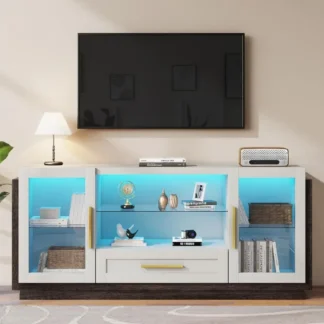 Soporte de TV, centro de entretenimiento, con luces LED, con 2 armarios de almacenamiento, estantes de vidrio abiertos, para TV de hasta 65 ", consola de TV