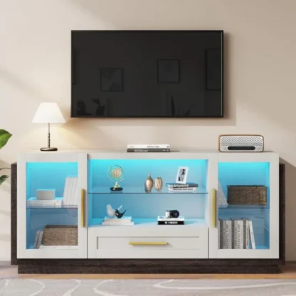Soporte de TV, centro de entretenimiento, con luces LED, con 2 armarios de almacenamiento, estantes de vidrio abiertos, para TV de hasta 65 ", consola de TV