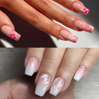 Uñas postizas de cristal para manicura, 24 piezas, cubierta completa, flor de bailarina francesa corta