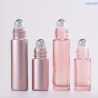 1 Uds. Botella enrollable de vidrio de 5/10ml, botella con rodillo rosa, aceite esencial, brillo de labios, tubo rellenable, tarro vacío, botella de Perfume de vidrio