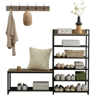 Perchero de 6 niveles, juego de banco para zapatos, banco de entrada con perchero de 6 ganchos, árbol de recibidor con banco y almacenamiento de zapatos