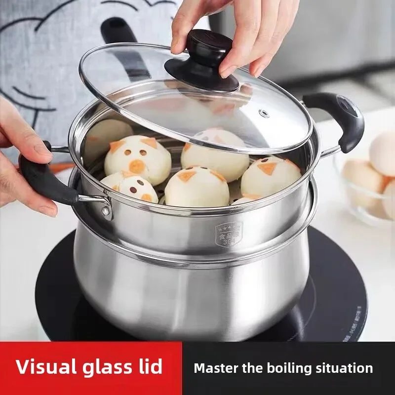 304 Olla extra gruesa para estofado de leche, olla de estudiante de vapor de dos capas, olla de fideos instantáneos, vaporizador