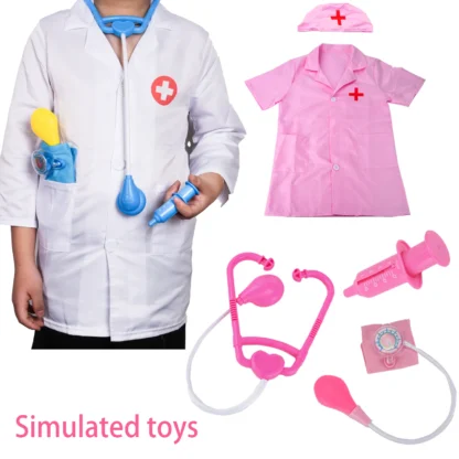 Traje de médico de familia para niños, de manga corta estetoscopio/larga, jeringa, enfermera, juegos de rol, simulación, presión arterial, juguetes Monito