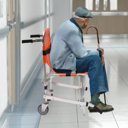 Bymaocar Silla plegable de dos ruedas para escaleras sin frenos, silla portátil de aluminio naranja para el cuidado de personas mayores y pacientes con asas