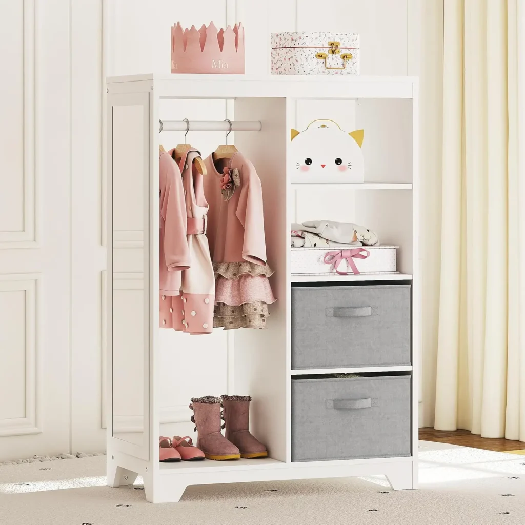 Almacenamiento de vestir para niños con espejo de longitud completa, niños con 2 contenedores de almacenamiento, armario para disfraces colgante con apertura para niños,