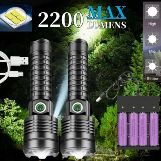 Paquete de 2 linternas LED de largo alcance con foco superbrillante de 8000 lúmenes, antorchas de Camping impermeables recargables por USB
