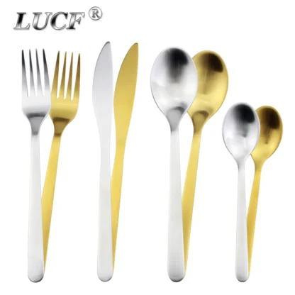 Juego de cubiertos occidentales en forma de hada de estilo minimalista moderno, vajilla de acero inoxidable pulido mate 4 en 1 para lavavajillas de cocina