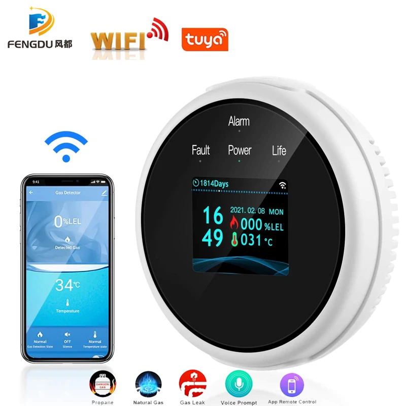 Sensor de fugas de Gas con Wifi, pantalla Led, pantalla de Combustible, alarma de Gas GLP, Detector de temperatura, Smart Life, Tuya, caliente