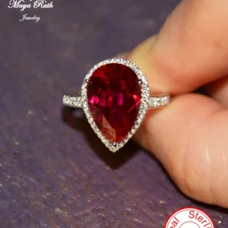 Anillo de cóctel de fiesta de Plata de Ley 925 con rubí Real Echt creado para mujer, forma de gota de pera, piedra preciosa roja de imitación, regalos femeninos