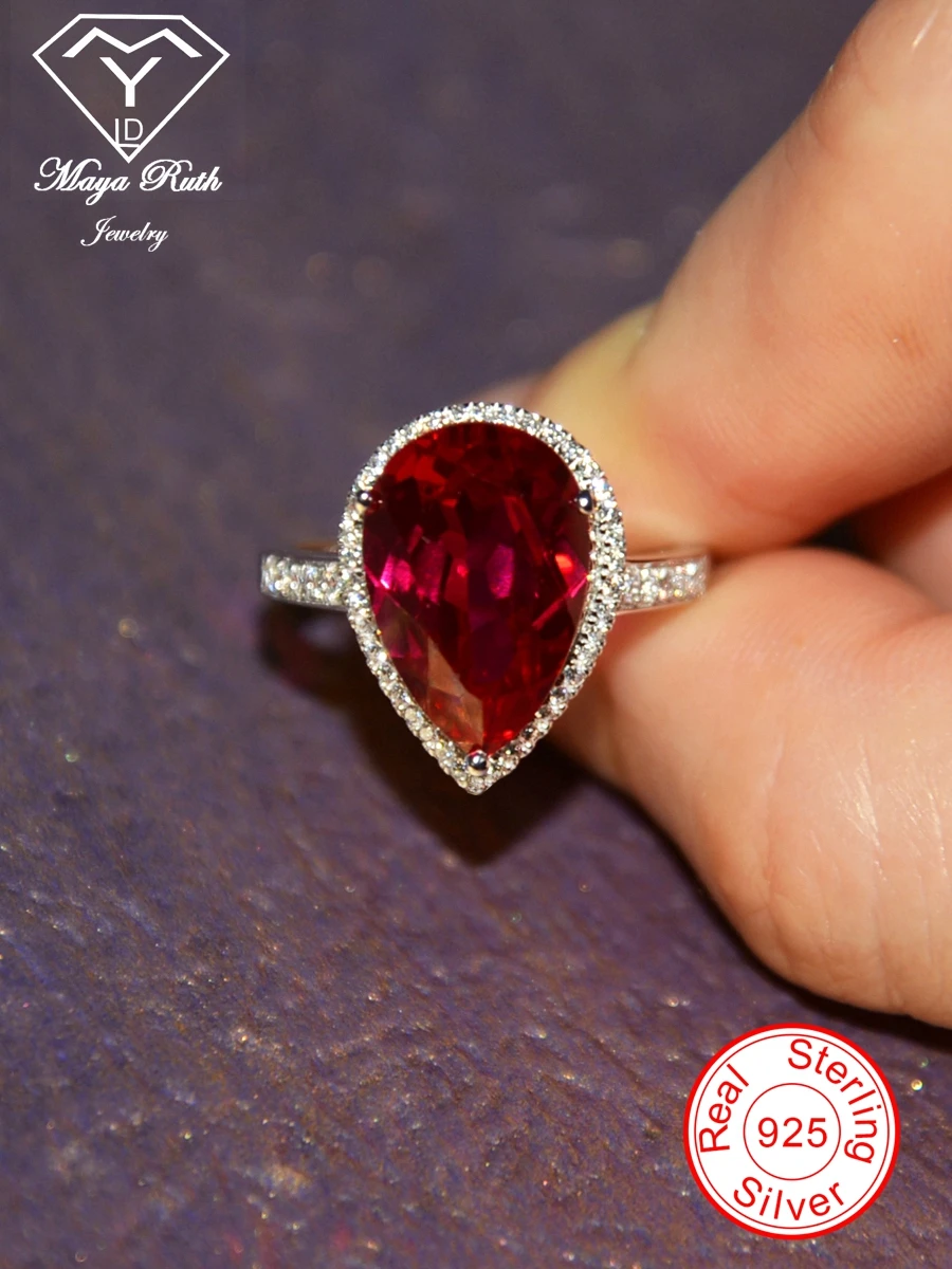 Anillo de cóctel de fiesta de Plata de Ley 925 con rubí Real Echt creado para mujer, forma de gota de pera, piedra preciosa roja de imitación, regalos femeninos