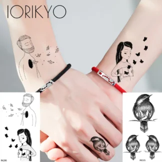 Pegatina de tatuaje temporal para pareja de mujeres, arte corporal abstracto, tatuajes de transferencia de agua, Pequeño amor, hombres, cuerpo, brazo, tatuajes negros falsos, pájaro 3D