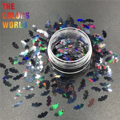 TCA1000 Bat-accesorios holográficos de 10MM para decoración de uñas, decoración artística de uñas con purpurina negra, manualidades para Festival, suministros para fiesta de Halloween